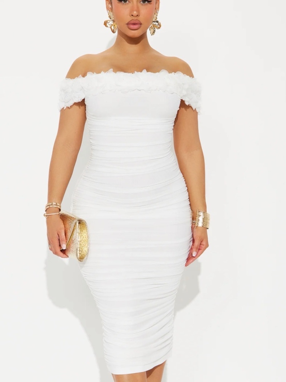 Fashion Nova White Off-Shoulder Ruched Midi Dress